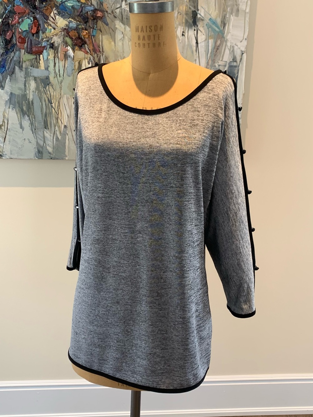 Joseph Ribkoff Grey Knit Boatneck Top with Black Trim